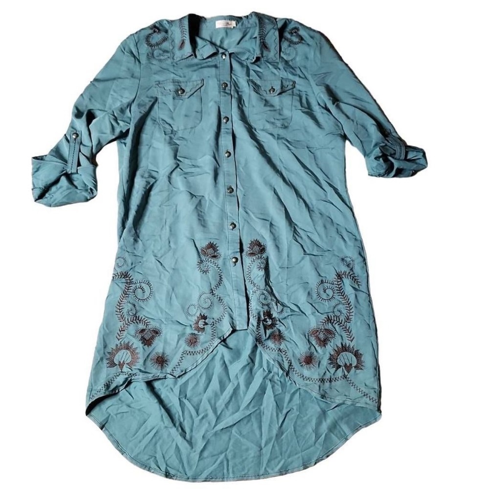 Tasha Polizzi turquoise western embroidered button down shirt dress